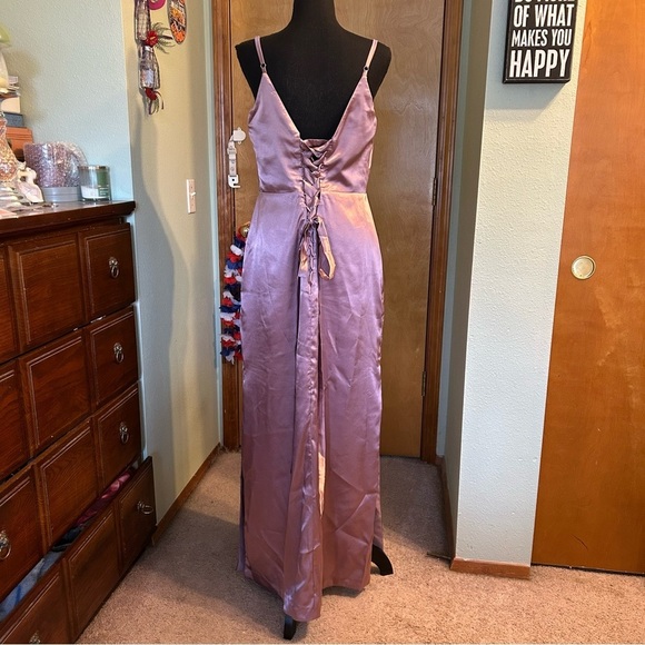 NWOT lilac satin prom dress cowl neckline spaghetti straps lace up back size 12 - Picture 3 of 10